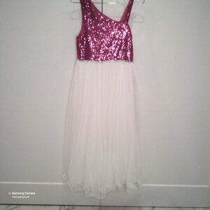 Trixxi Girl Pink Sequins & White Tull One Shoulder Party Formal Dress NWT 16